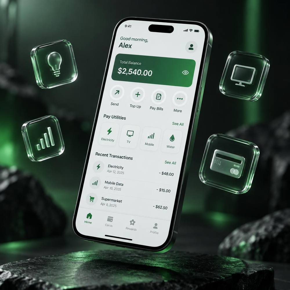 The LoomingPay wallet app surrounded by airtime, data, TV and electricity icons
